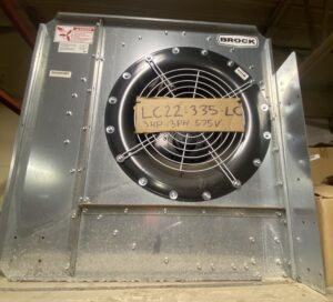 Front view of a Brock 22-inch low-speed centrifugal fan with galvanized housing and labeled 3HP 3PH 575V.
