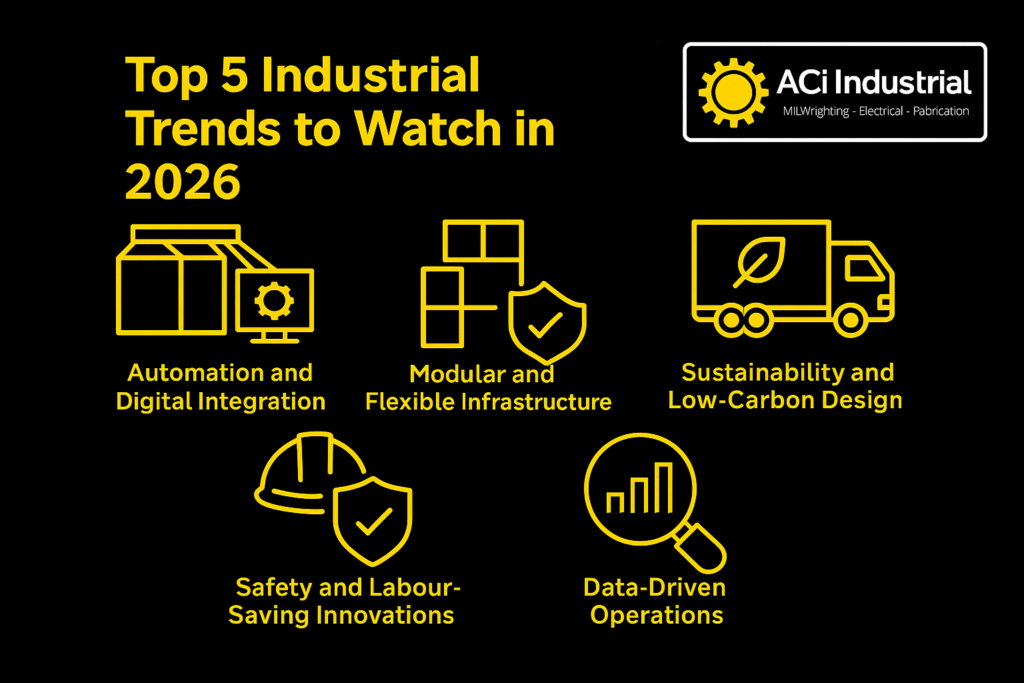 Branded ACi Industrial graphic showing the top five industrial trends for 2026, including automation, modular infrastructure, sustainability, safety innovations, and data-driven operations, with icons and ACi’s logo in ACi colours.