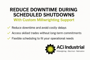 Graphic highlighting benefits of ACi Industrial’s custom millwrighting support during scheduled shutdowns, featuring key points and the ACi Industrial logo.