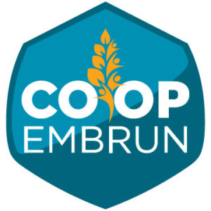 Embrun Co‑op logo featuring a teal shield with white text and a stylized golden grain graphic.