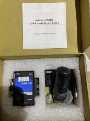 NECO MGate MB3180 Ethernet gateway and accessories inside the original box with the installation guide on top.