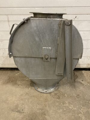 Side view of a Lambton 10-inch adjustable cushion box made from galvanized steel with flanged inlet and outlet.