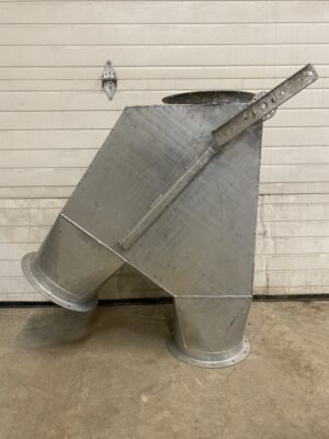 RAD 12-inch two-way overflow valve made from galvanized steel with two flanged outlets.